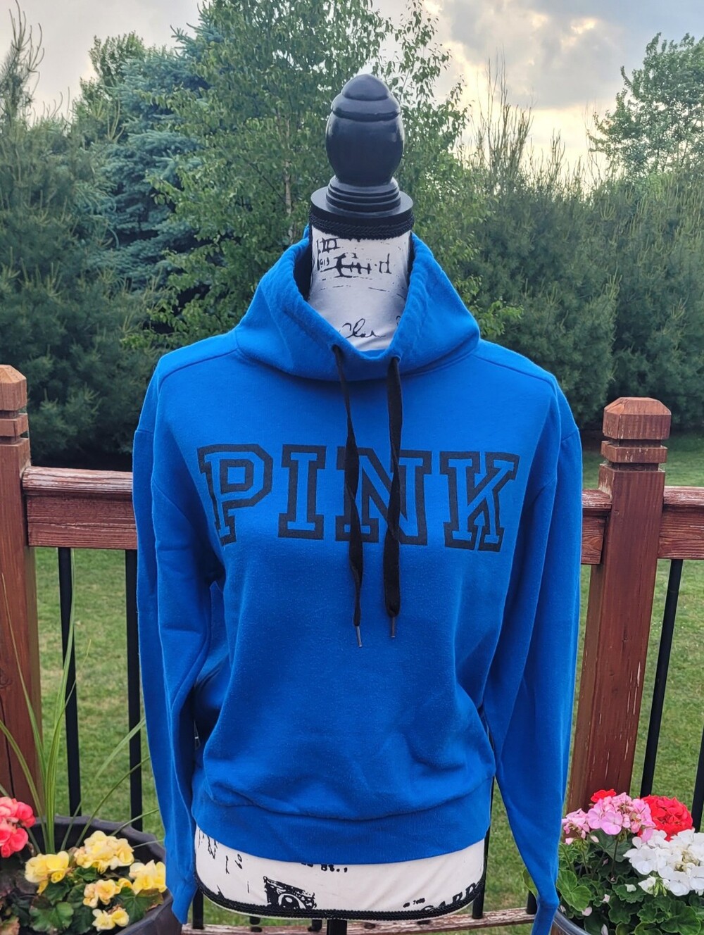 PINK Victorias Secret Blue Hooded Sweatshirt with Black Logo Size X Small